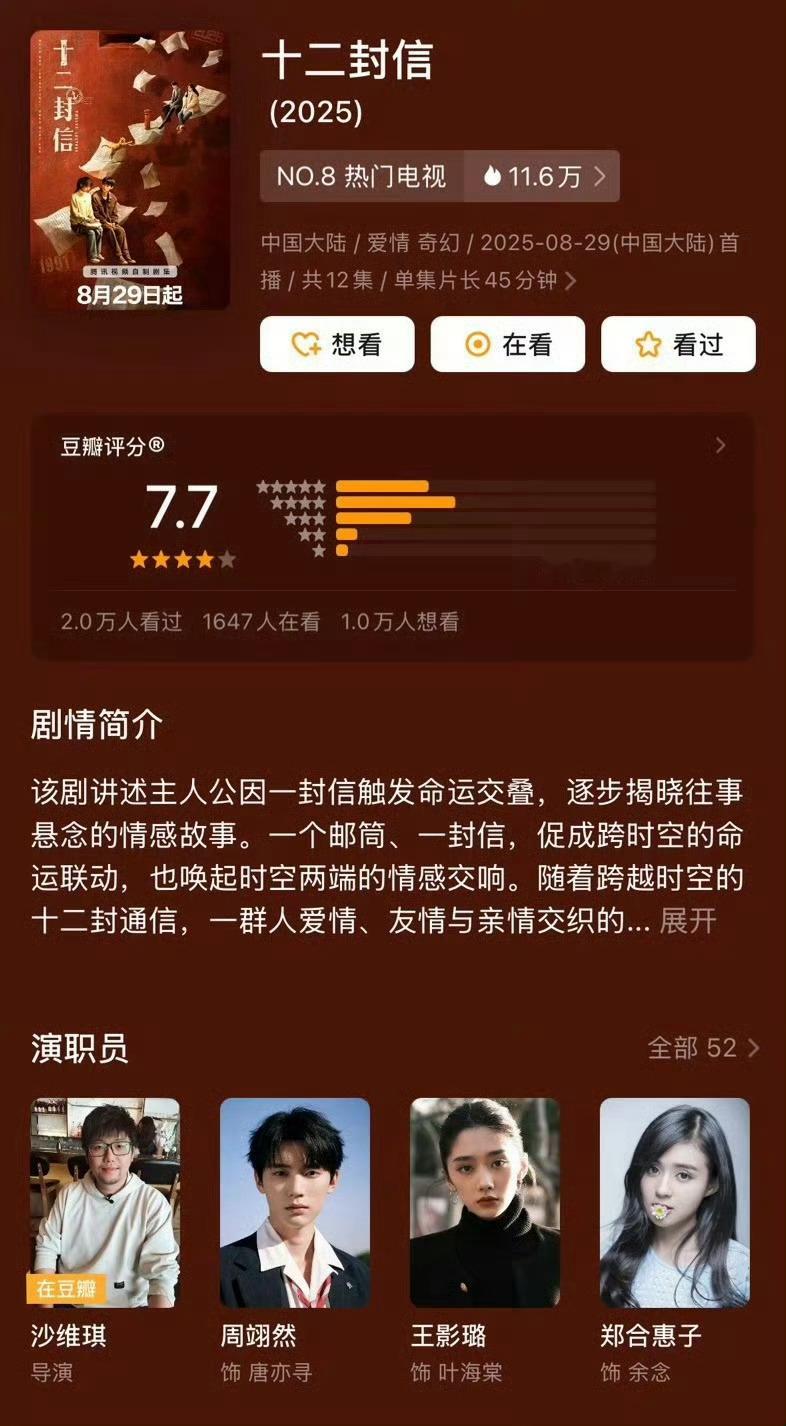 周翊然王影璐十二封信豆瓣涨至7.8分 ​​​