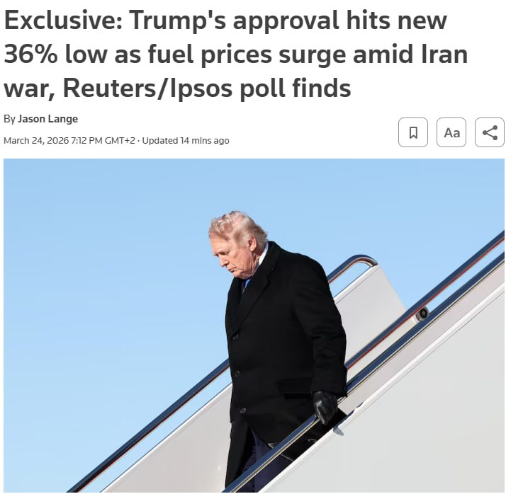 路透社/益普索的一项民意调查显示，特朗普的支持率已降至 36%，这是他重返白宫以