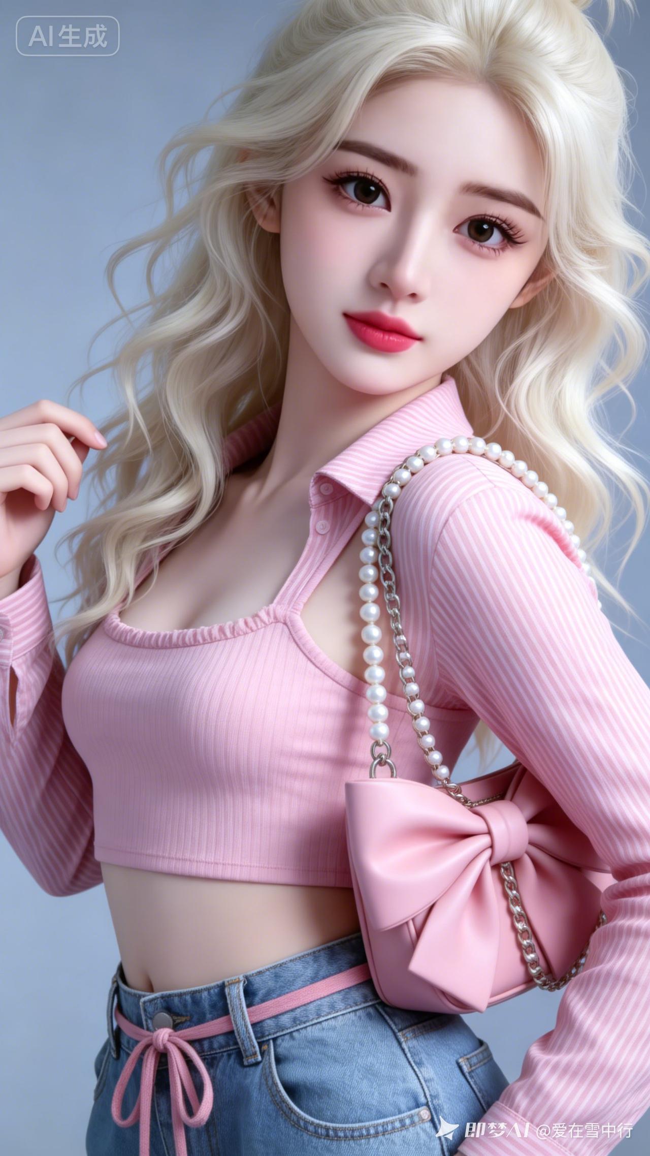 冷白皮少女浅白金蓬松卷发，全套粉色衬衫吊带阔腿裤，珍珠蝴蝶结包，微距拍摄，清冷温