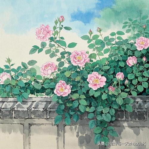 《蔷薇花》
——唐·杜牧
朵朵精神叶叶柔，
雨晴香拂醉人头。
石家锦幛依然在，