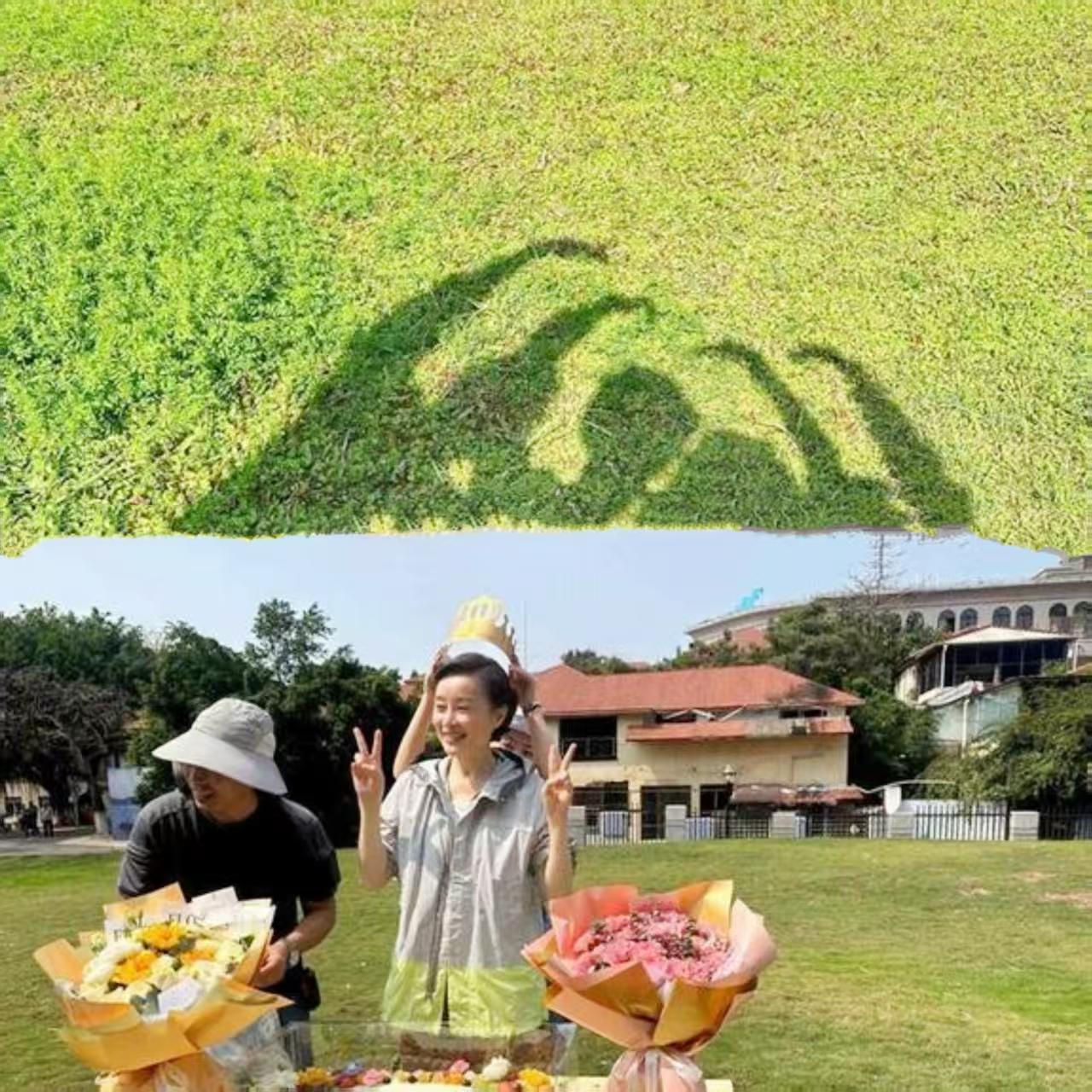 吴越过53岁生日那天，和朋友们在她家院子里举行了一个小派对。和朋友们围着三层大蛋
