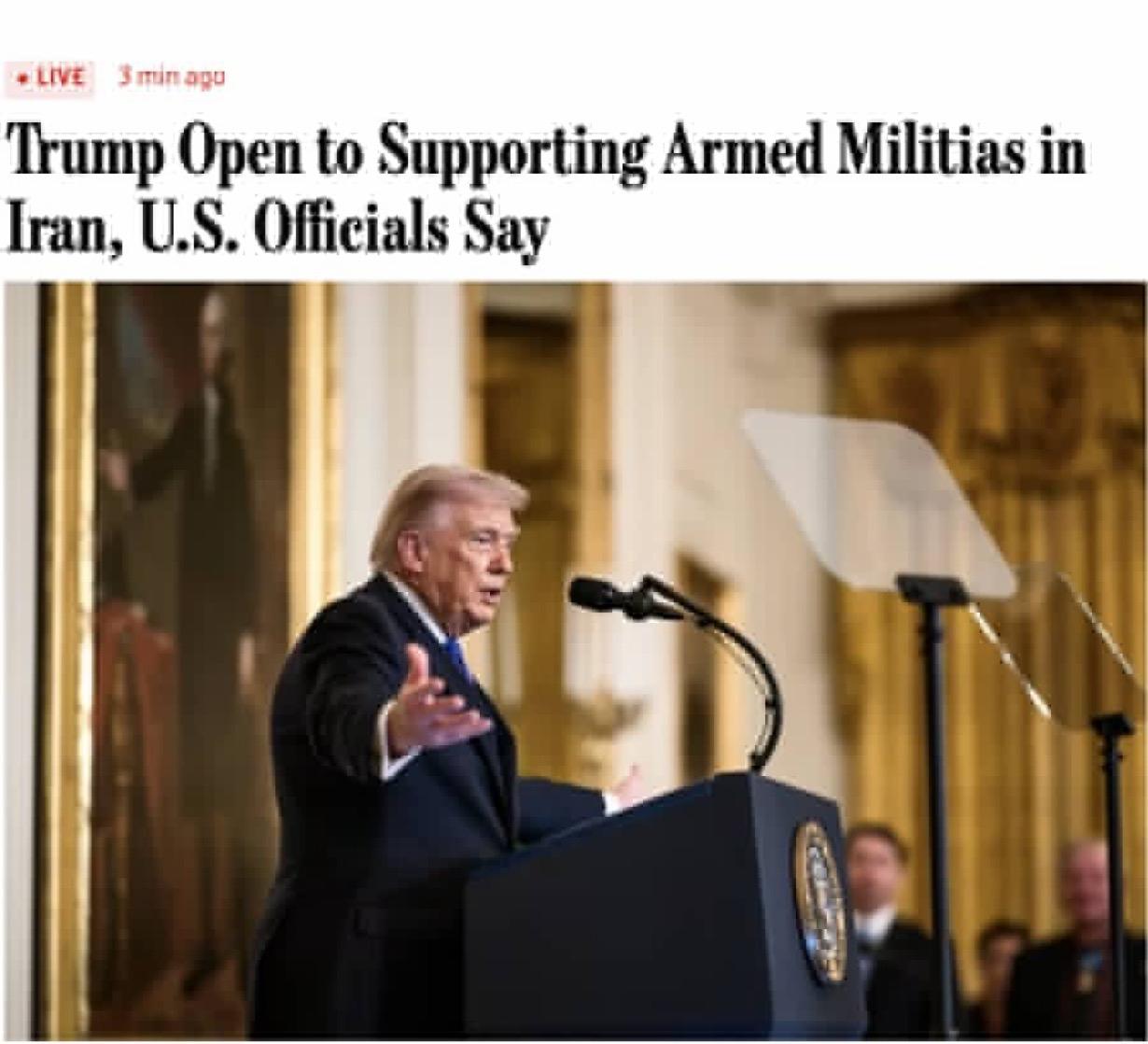 特朗普表示愿意支持伊朗境内的反政府武装团体，包括库尔德武装。

关于武器或情报支