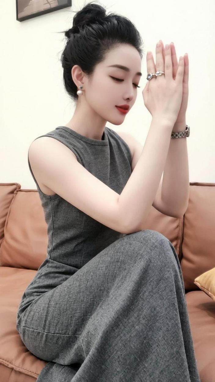 灰衫轻曳韵如兰，步履从容态自端。动态盈盈皆入画，优雅二字刻心间
