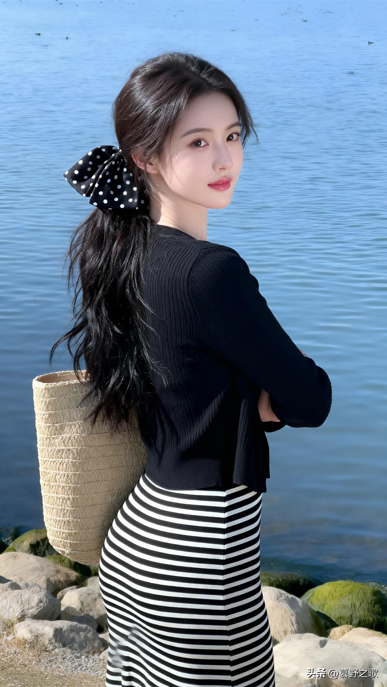 湖光里的法式温柔
湖畔边，黑色针织开衫搭配黑白竖条纹鱼尾裙，波点蝴蝶结发饰，草编