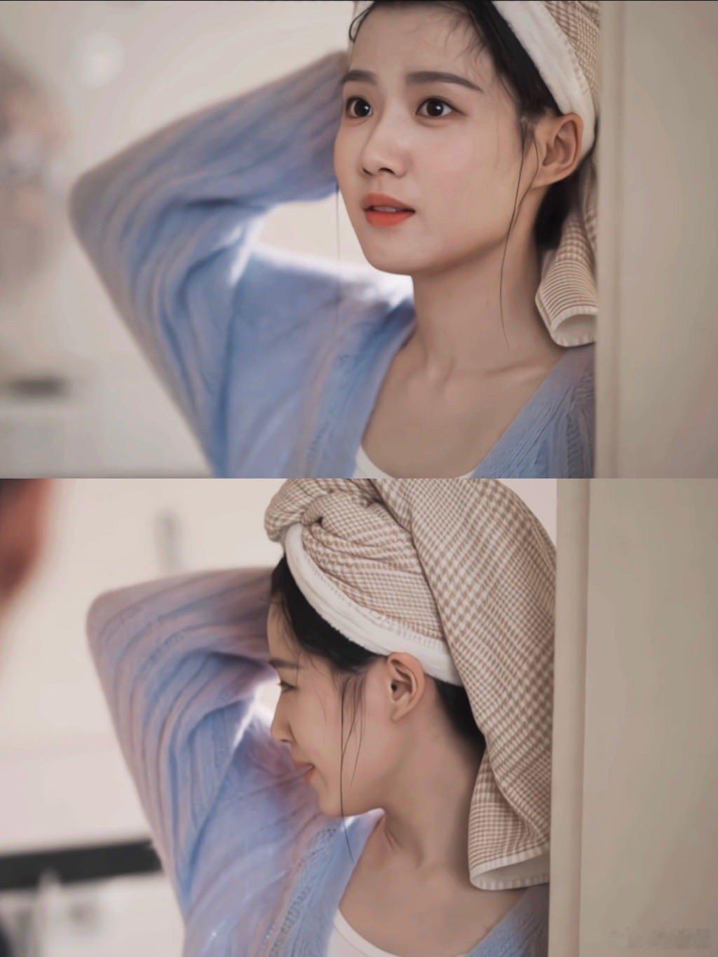 国产剧又多一位干发帽的神 卢昱晓戴上干发帽，氛围感直接拉满！在《轧戏》里本就灵动