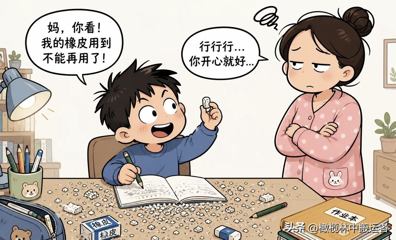 图文漫画推荐孩子把橡皮擦成渣。妈：干嘛？孩子：给铅笔减负。妈：铅笔说什么？孩子：