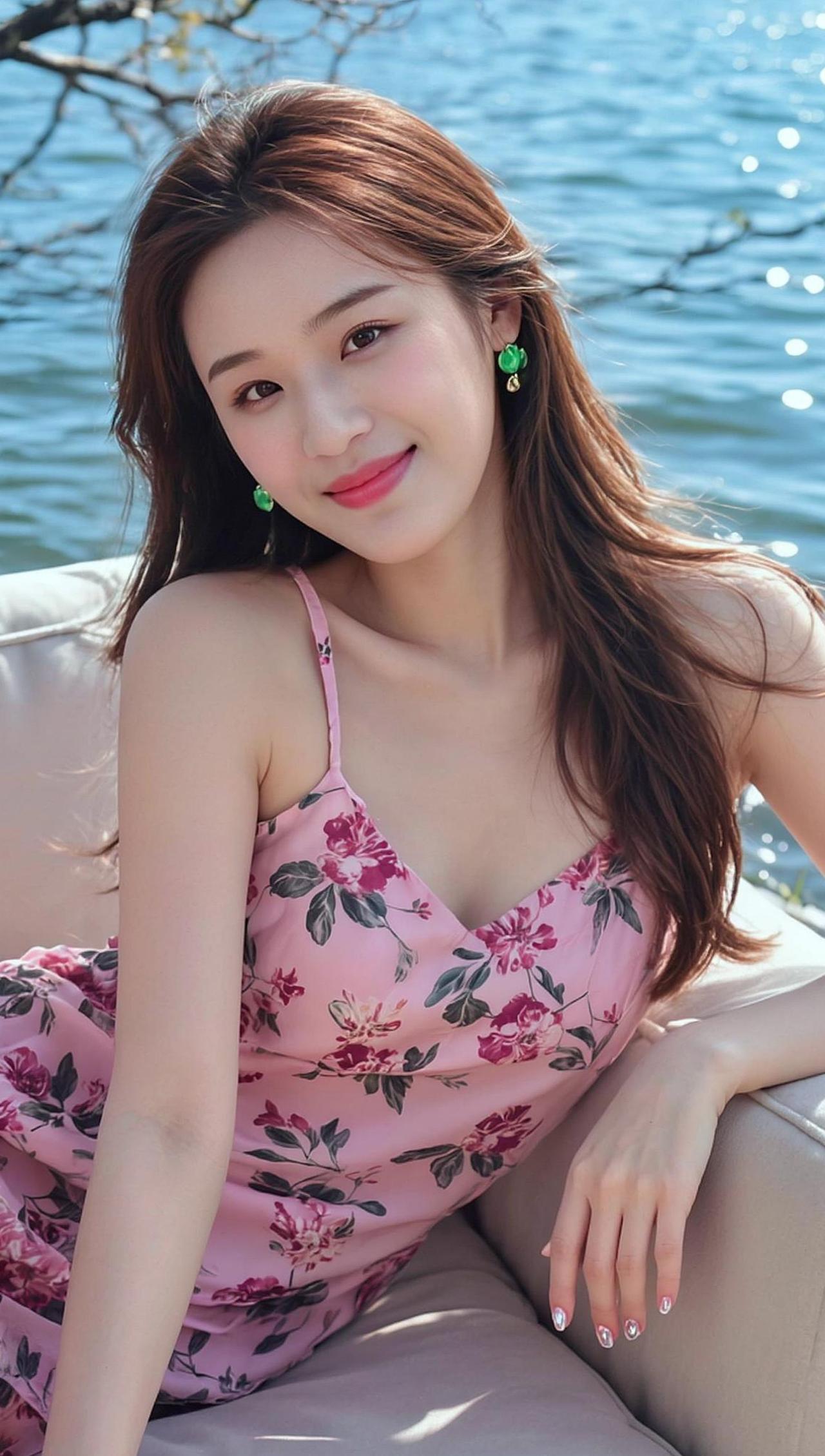 湖水轻吻岸边，微风撩拨发梢，这一刻的温柔像极了夏天的私语。粉色碎花裙在阳光下轻轻