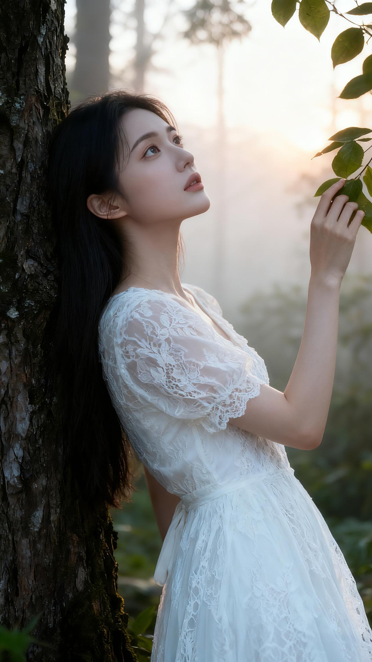 梦幻森林中的白衣少女，宛如将温柔与自然绘入绝美画卷，与森林绿意相融，尽显东方古典