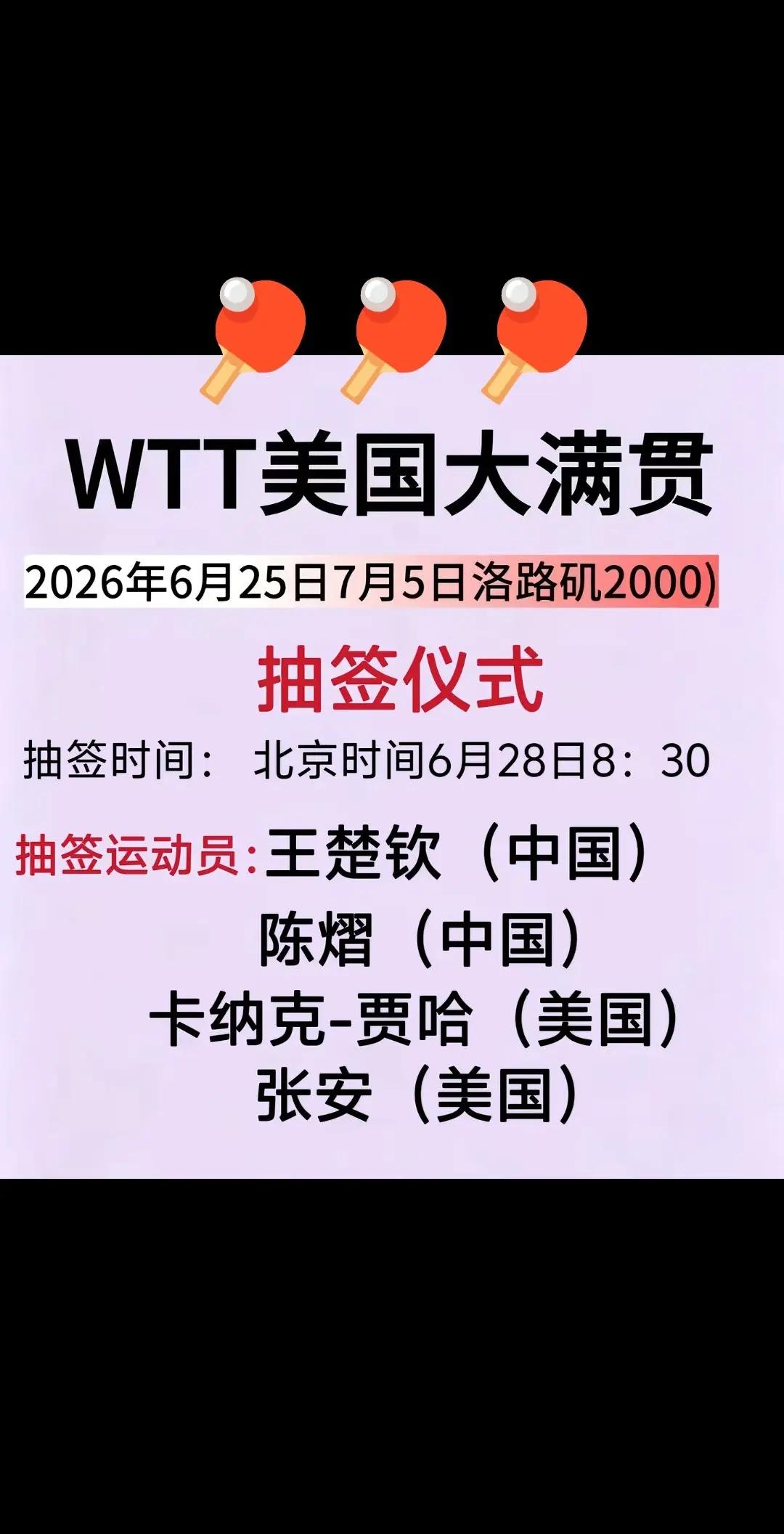 2026美国大满贯抽签。美国大满贯  国乒好运上上签