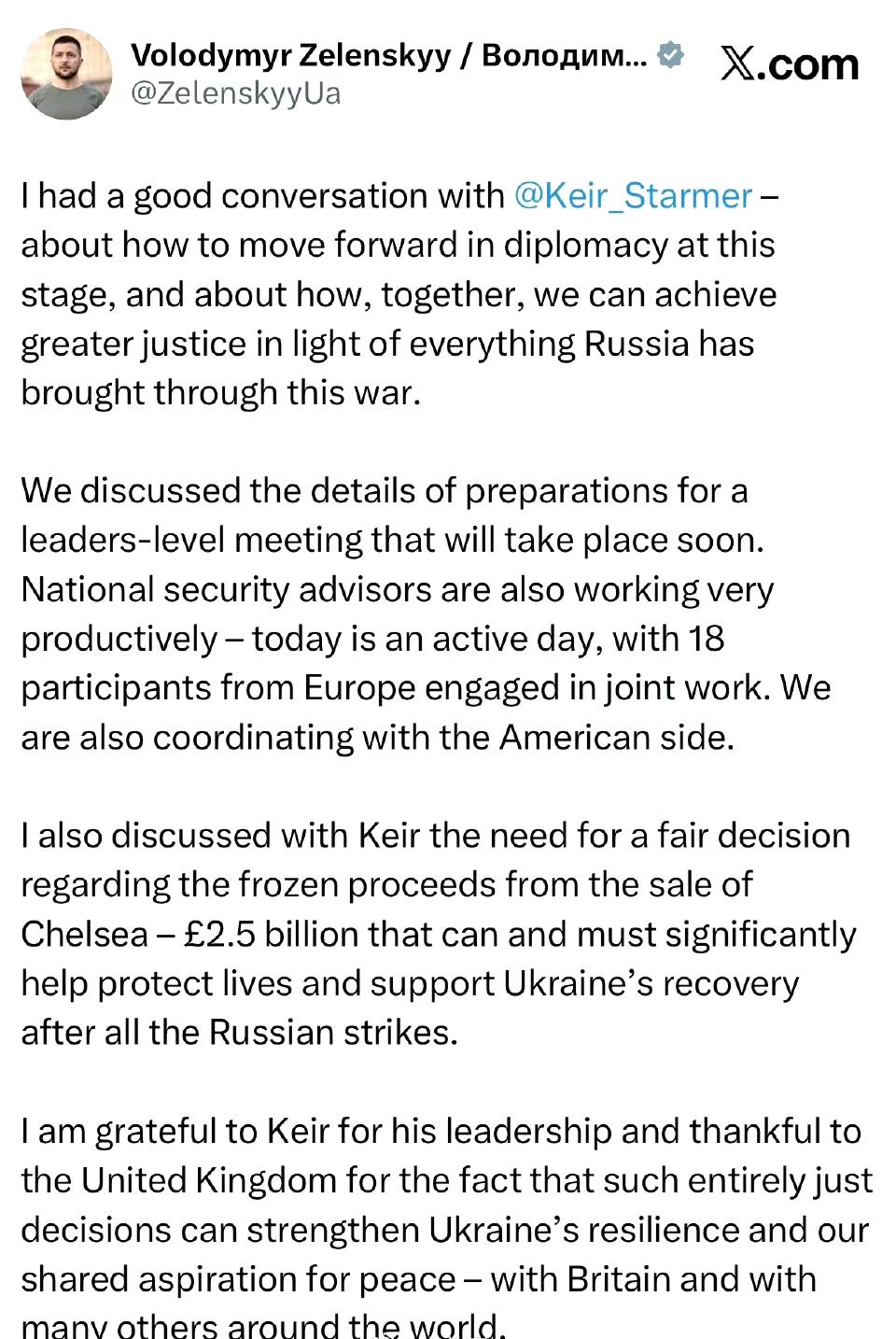 泽连斯基发文，要求斯塔默尽快落实售卖切尔西俱乐部的25亿英镑，以帮助乌克兰重建。