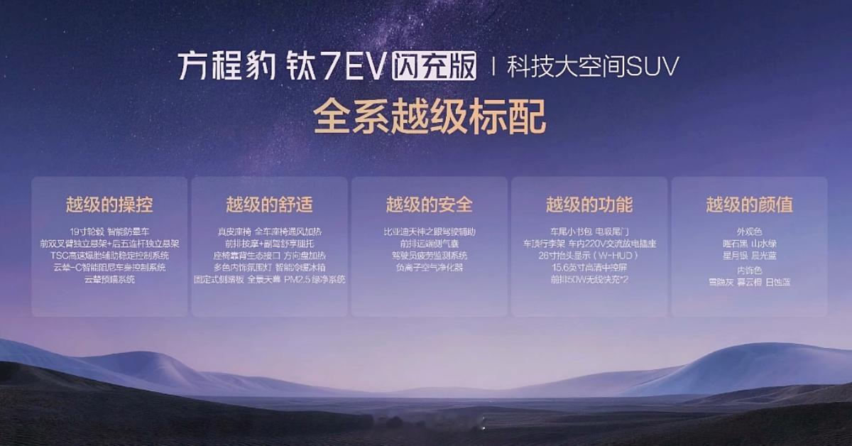 方程豹钛7EV 闪充版正式上市！675km后驱闪充版：19.98万元755km后