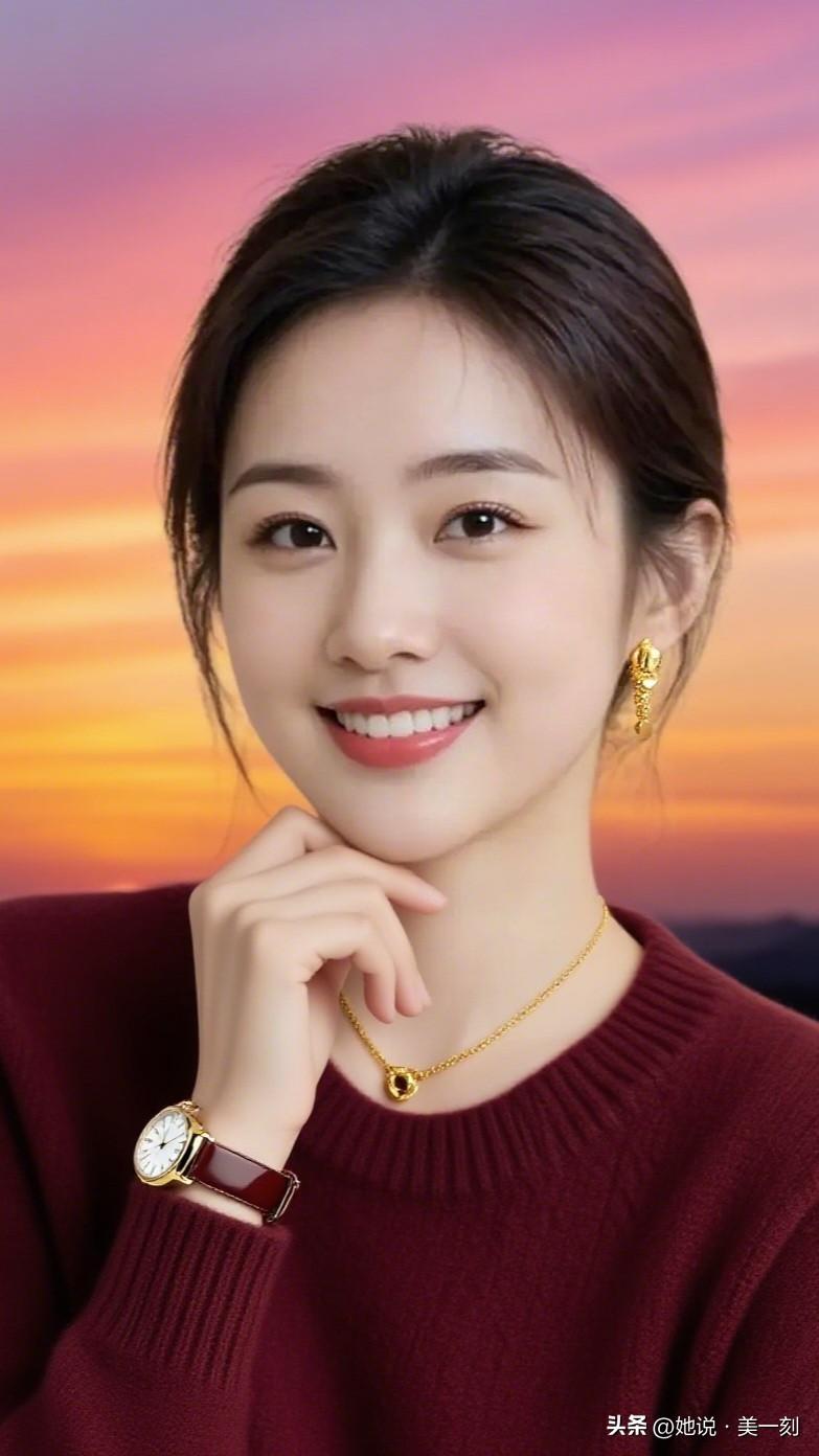 温柔晚霞下的优雅时光，精致配饰点缀迷人微笑。美女究竟能有多美