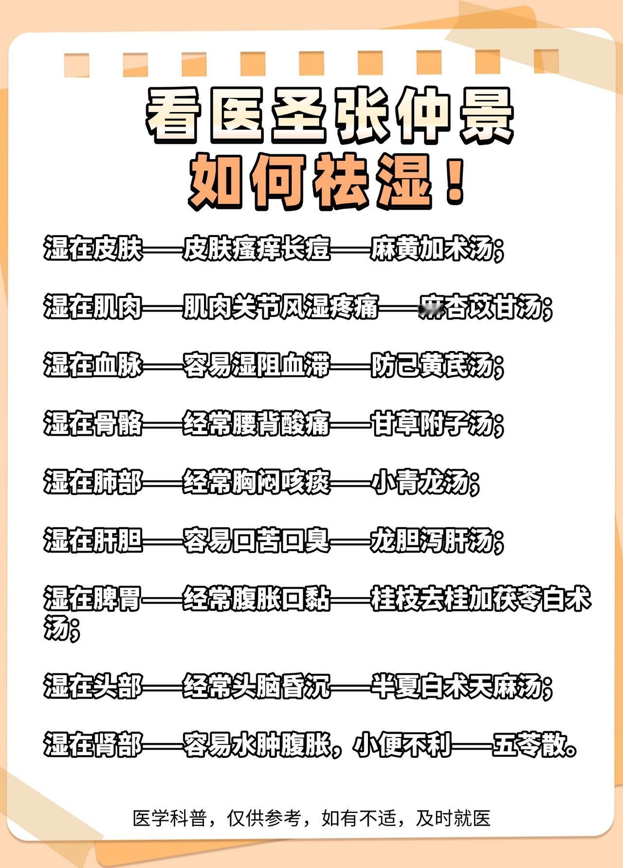 看医圣张仲景如何祛湿！一张图大汇总
湿气跑到人身体的不同部位，引起的症状各不相同