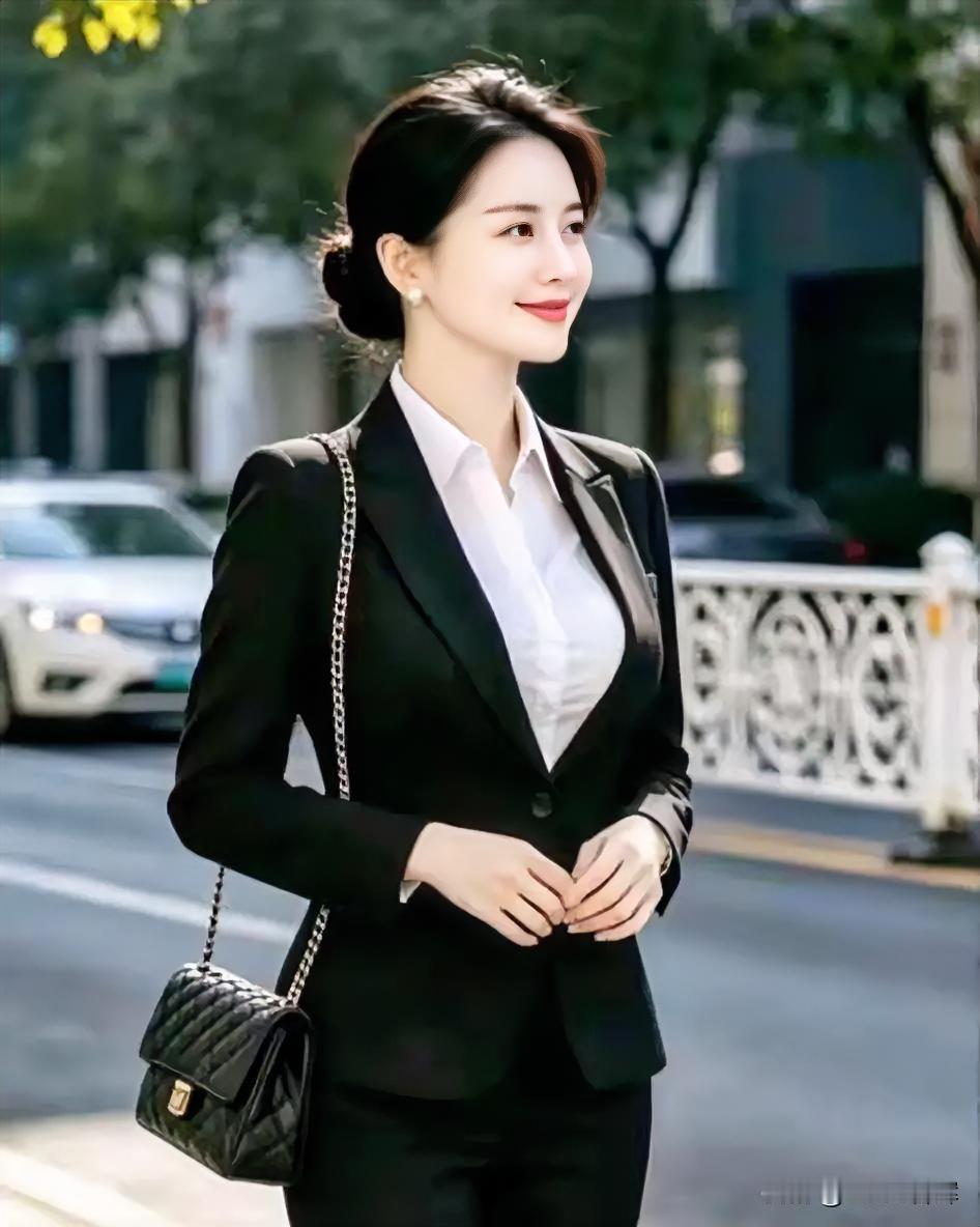 黑西装配白衬衫，笑意盈盈，都市优雅自成风景。