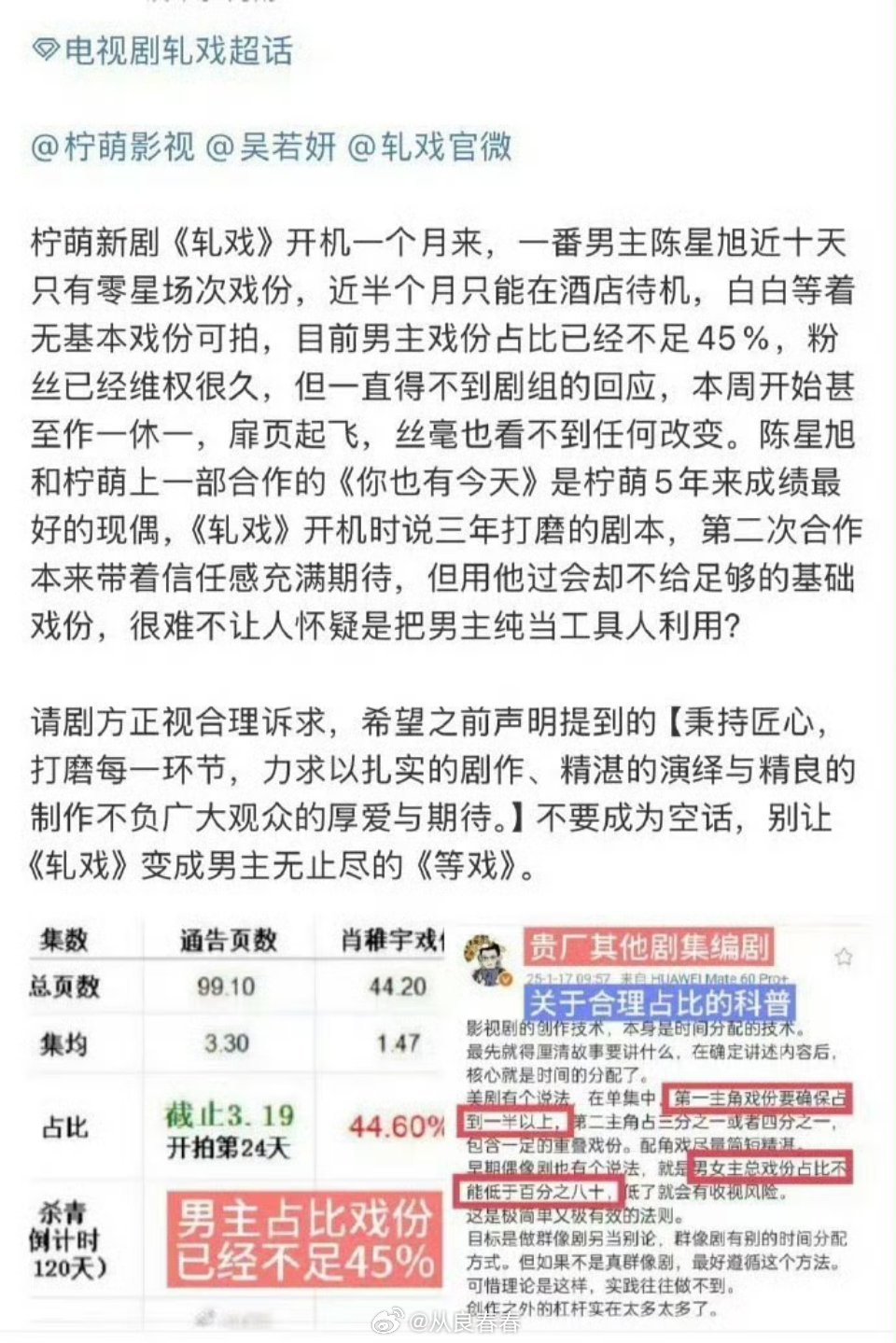 陈星旭粉丝向《轧戏》剧组维权。1、说戏份严重不足，现在已经在酒店待机半个月2、还