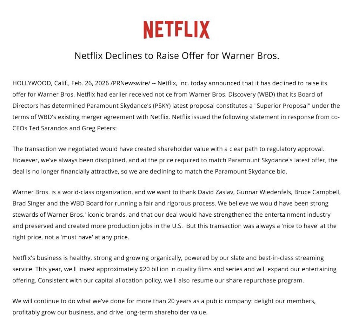 Netflix拒绝加价收购华纳兄弟奈飞宣布退出华纳兄弟收购战惊天大逆转！！奈飞O