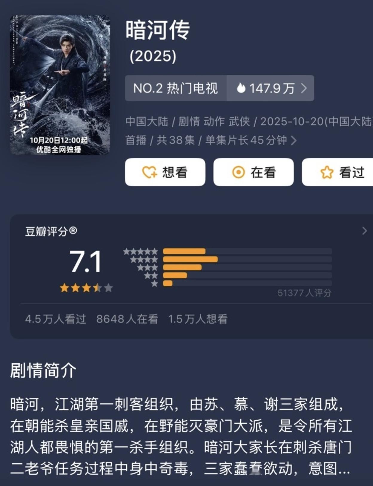 暗河传豆瓣开分7.1，感觉可以更高一点。 ​​​