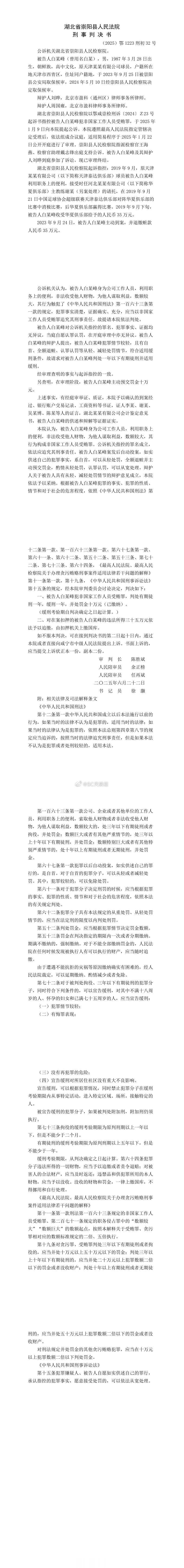 湖北省崇阳县人民法院的判决书上显示：老白判1缓1，缴纳35万违法所得，并处以10