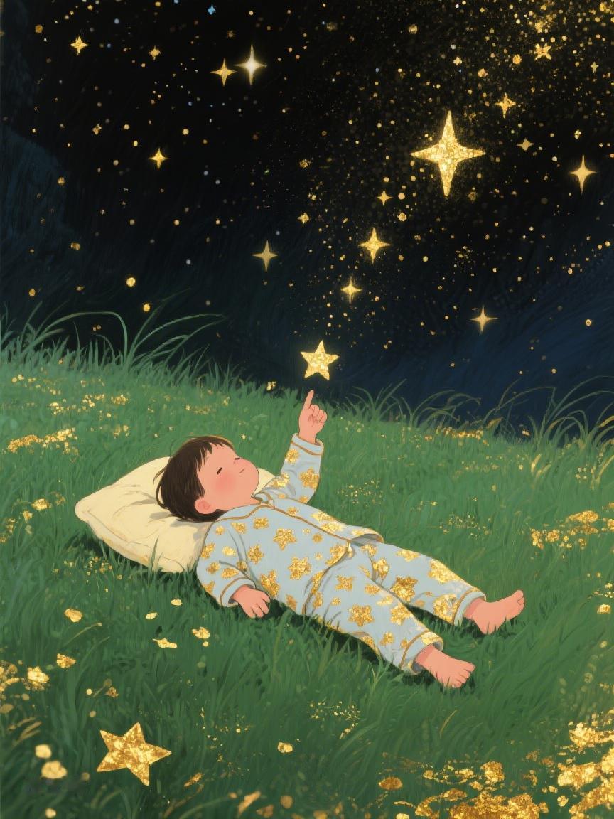AI妙生图躺在草地上，指尖轻触星光，那是梦的温度，也是心的方向✨