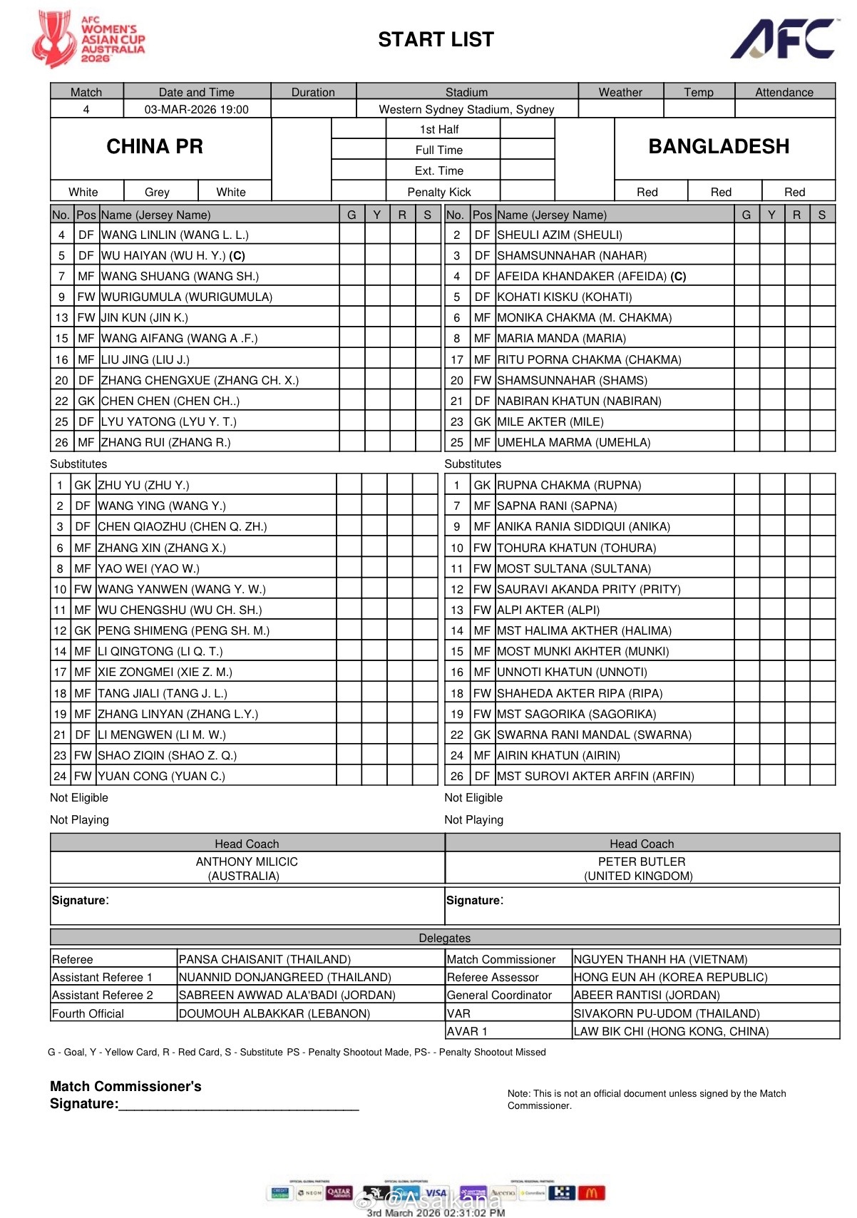 女足亚洲杯中国vs孟加拉国首发 