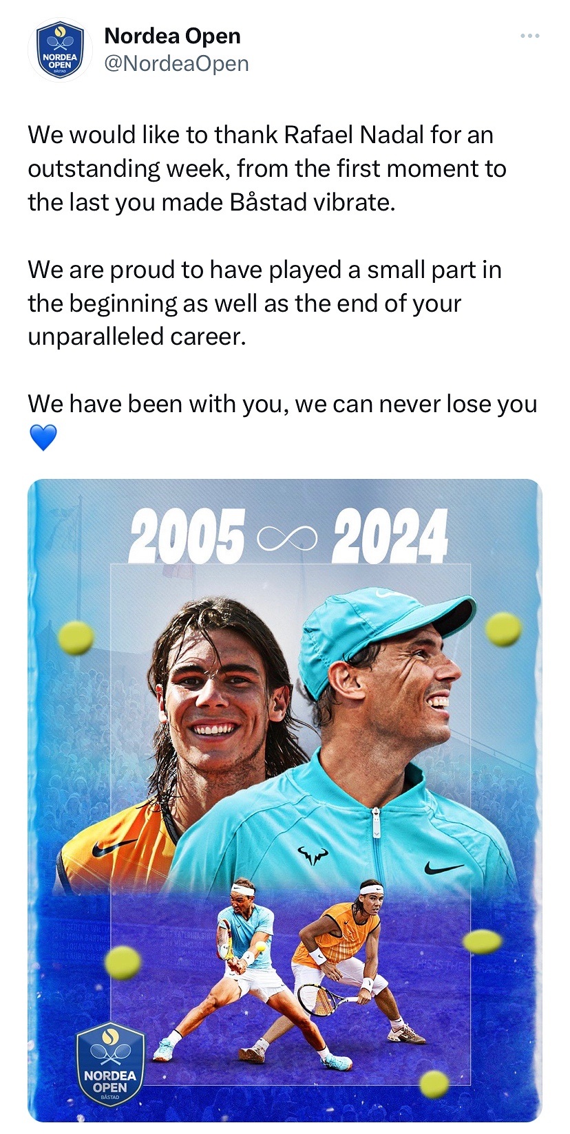 巴斯塔德站官推发海报感谢纳达尔在此奉献了精彩的一周：“在你无与伦比的网球生涯中，