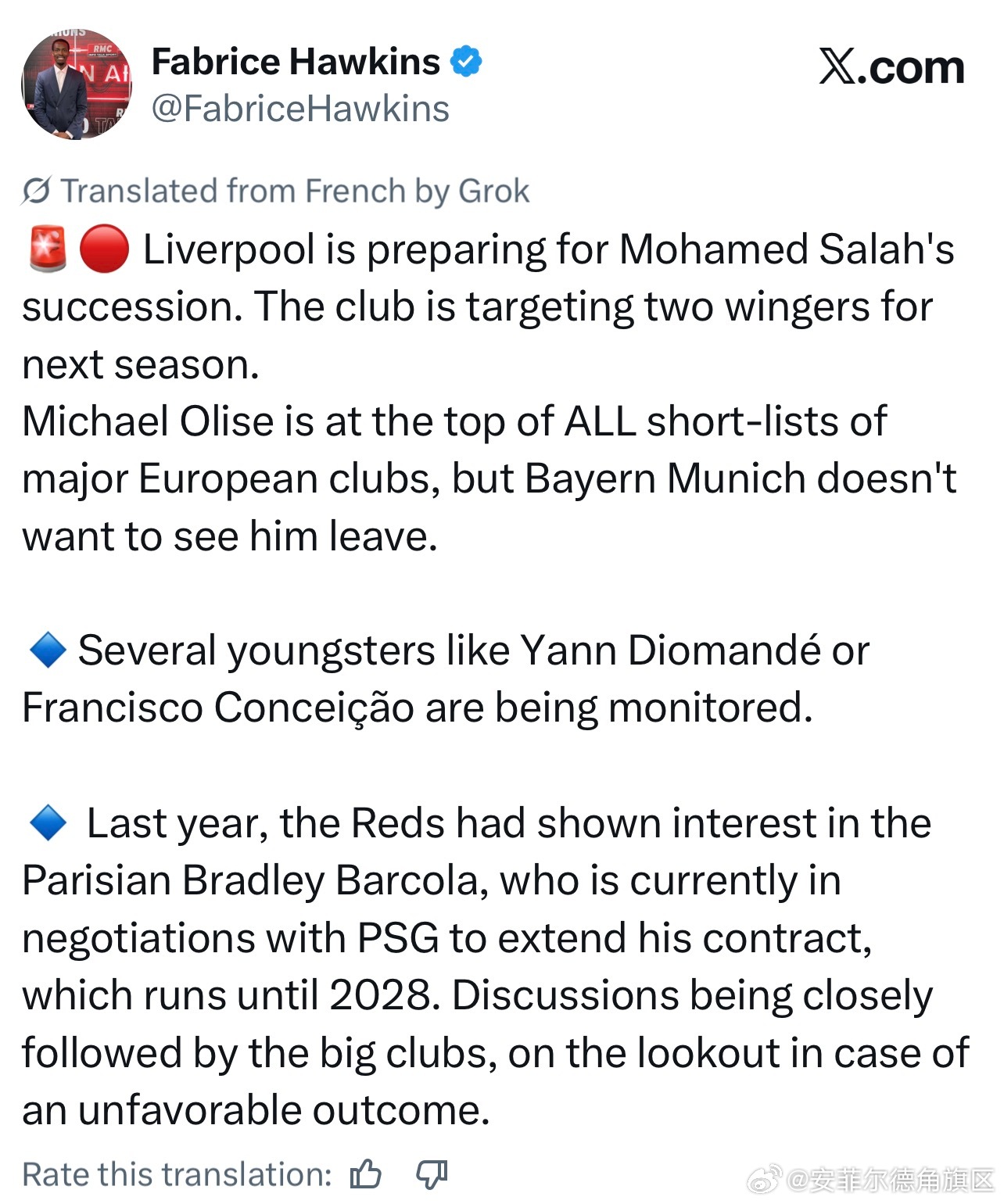 自从我军法国人越来越多之后，Fabrice Hawkins也是特地发了一条我军的