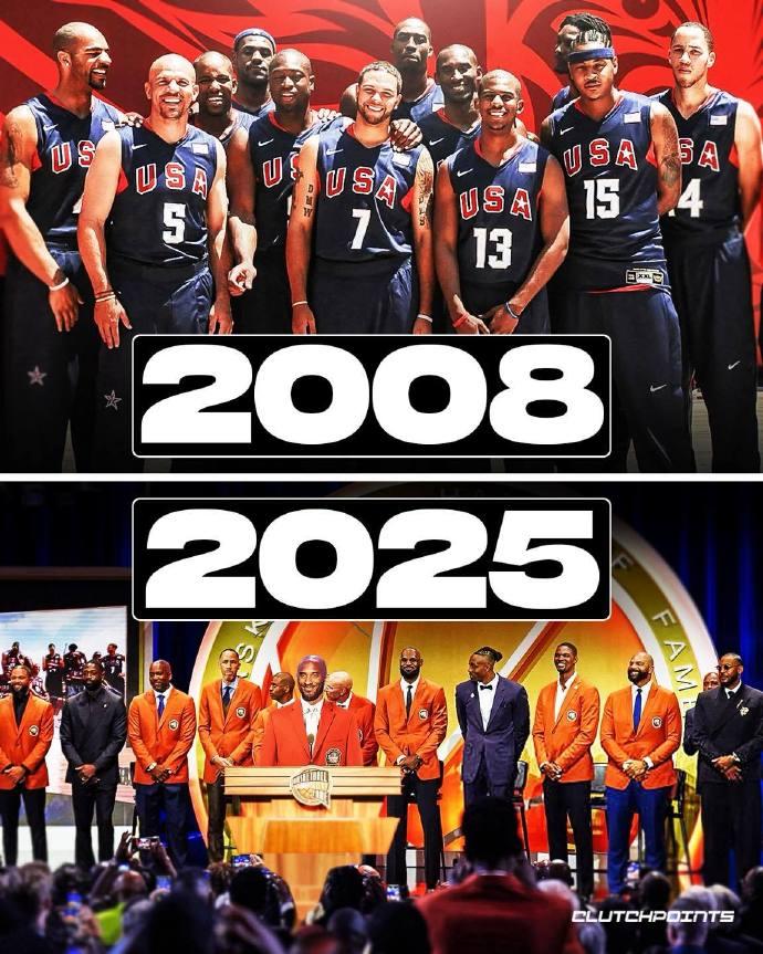 NBA：2008年的美国男篮入选名人堂，当年的12名球员里11位出席了仪式。