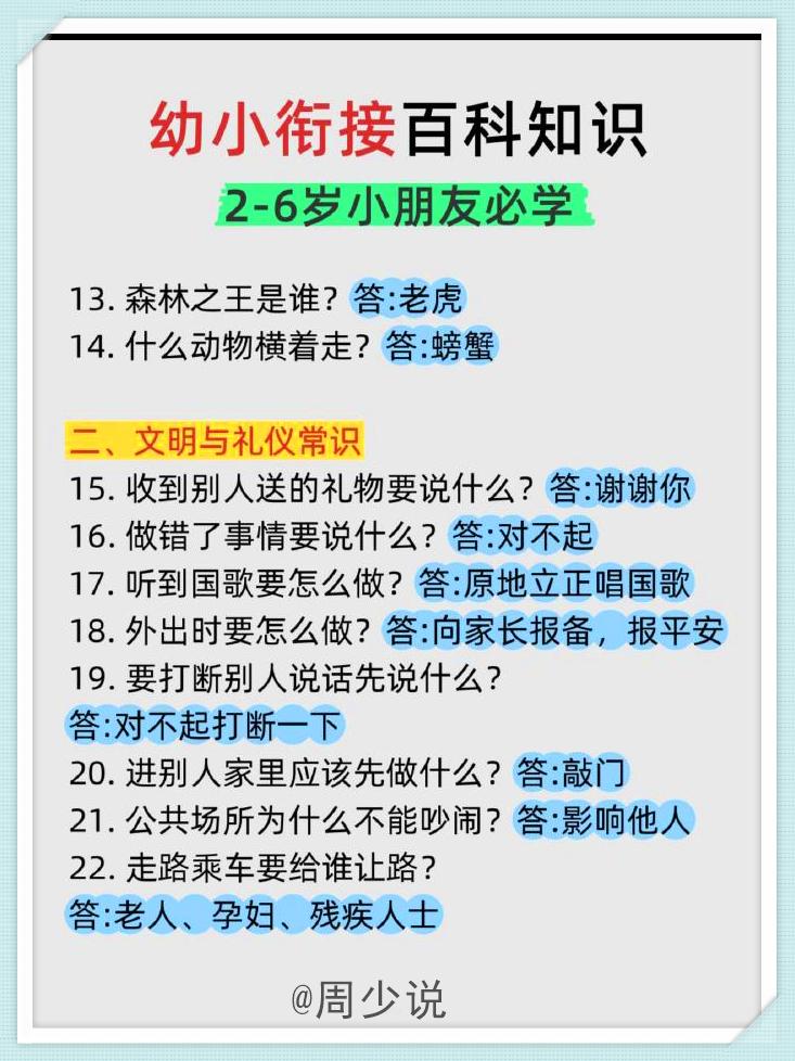 2-6岁小朋友必学必知的百科知识，全都给大家整理好在这里了，涵盖动物常识、文明与