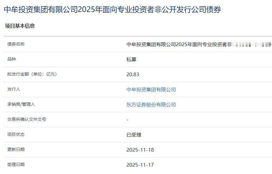 11月18日，中牟投资集团有限公司2025年面向专业投资者非公开发行公司债券项目