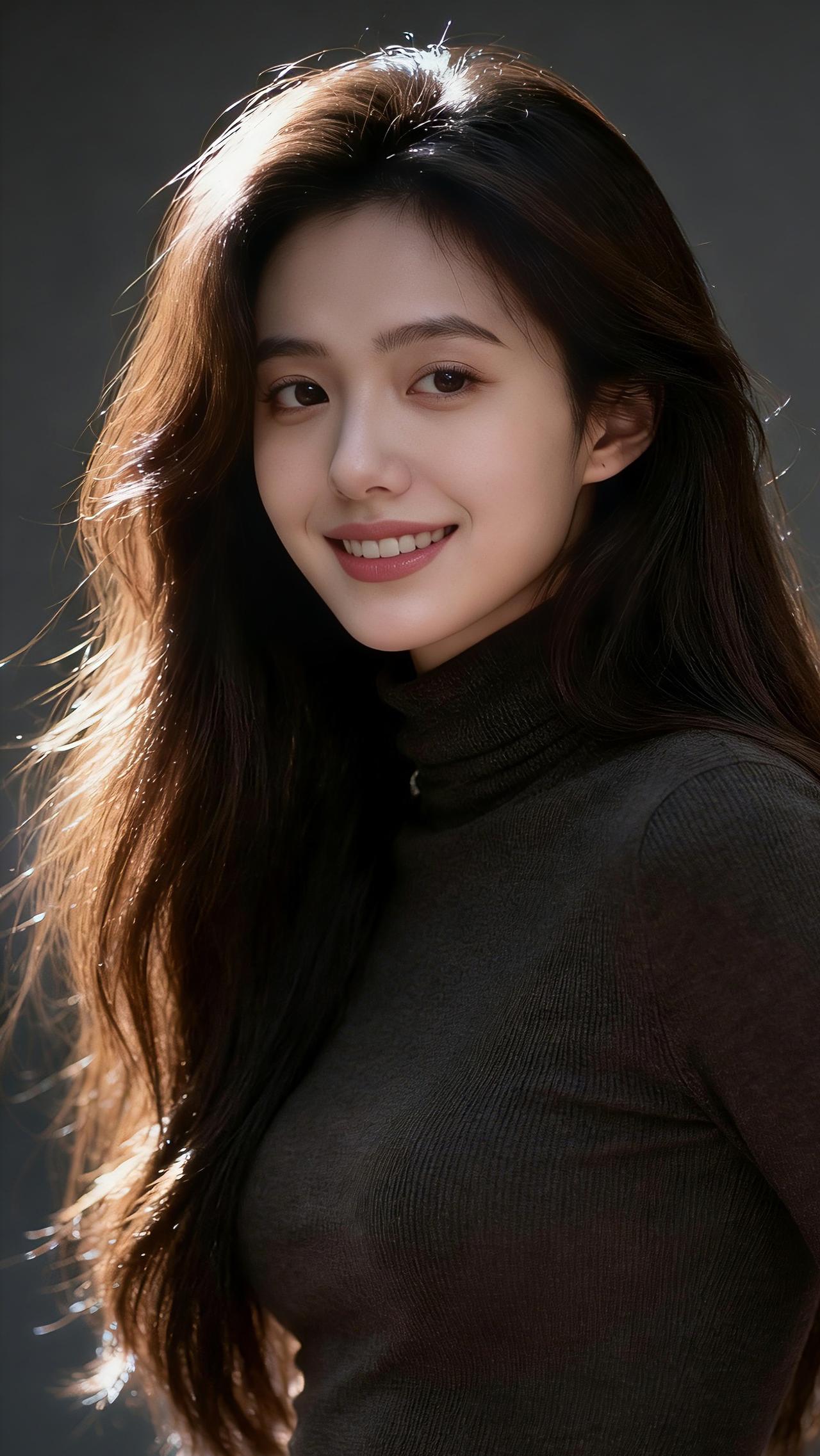 九帧同绘深棕发温婉仙！发如瀑垂落泛柔光，深棕高领毛衣衬身形。侧颜含情眸藏星，唇色