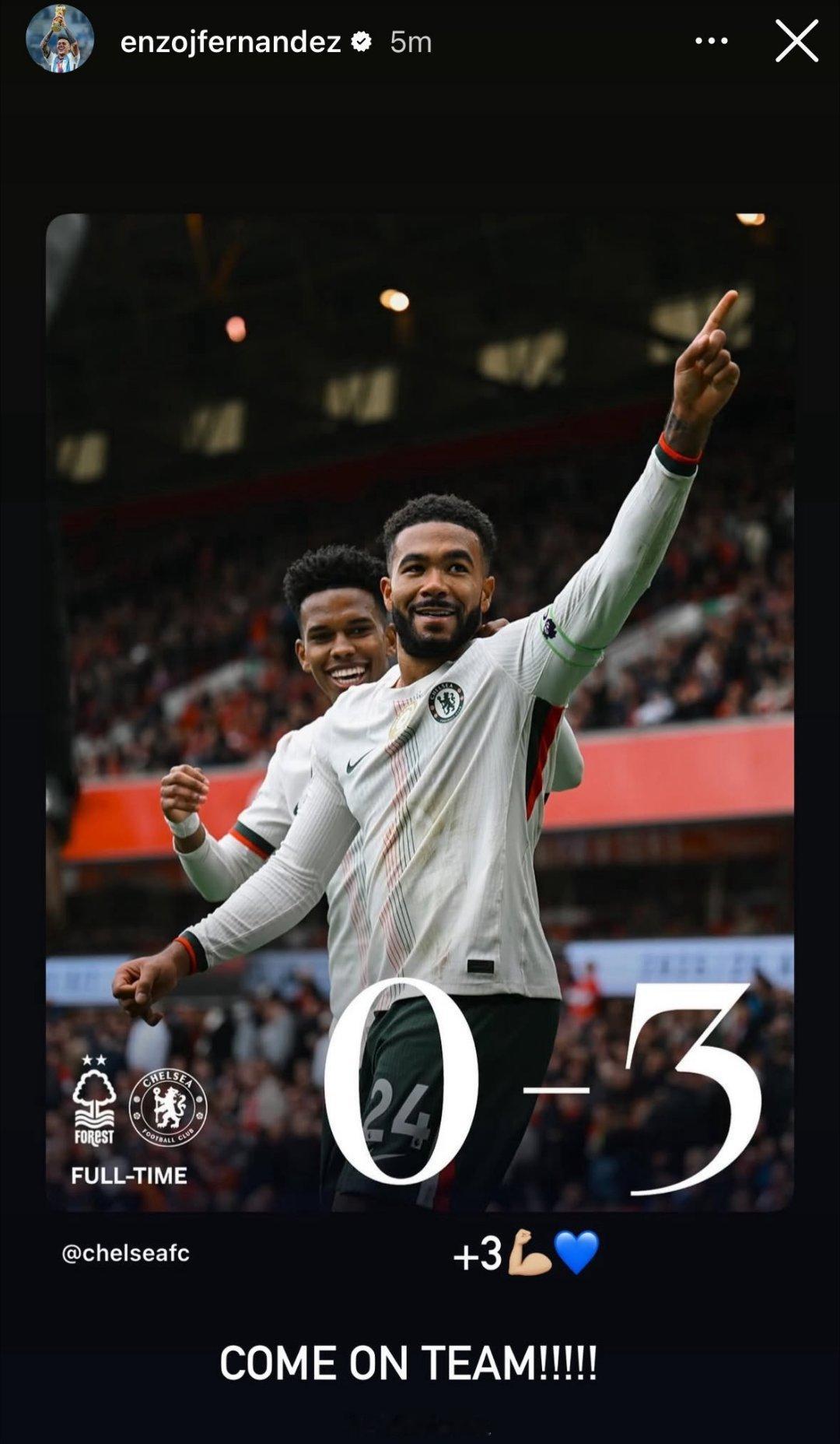 恩佐费尔南德斯IG 祝贺蓝军战胜诺丁汉✌“Come on team!”诺丁汉森林