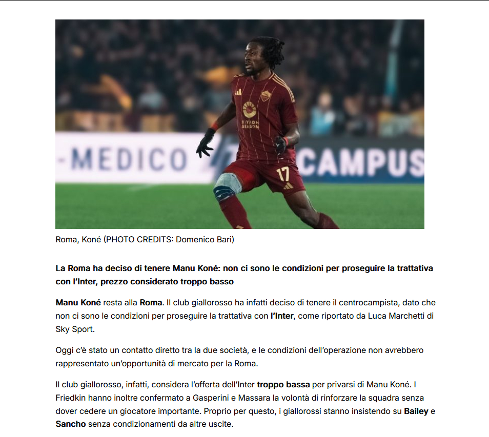 迪马济奥更新详细报道：（也是Sky记者Luca Marchetti的报道）罗马决