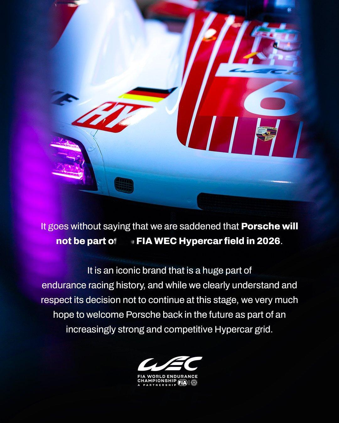 保时捷官宣将于2025赛季结束后退出WEC世界耐力锦标赛Hypercar组别，但