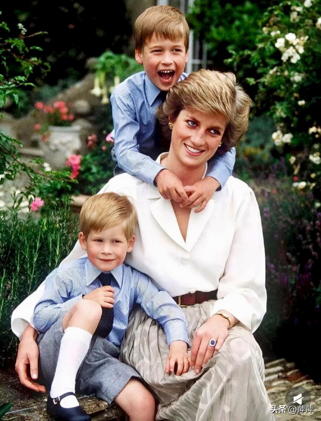 1986年7月，戴安娜王妃在海格罗夫庄园，与威廉王子、哈里王子留下这张温情合影。