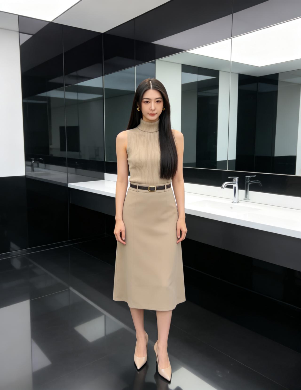 什么样的穿搭可以成为气质女神? 
无袖高领针织衫搭配同色系中长裙，利落又温柔；