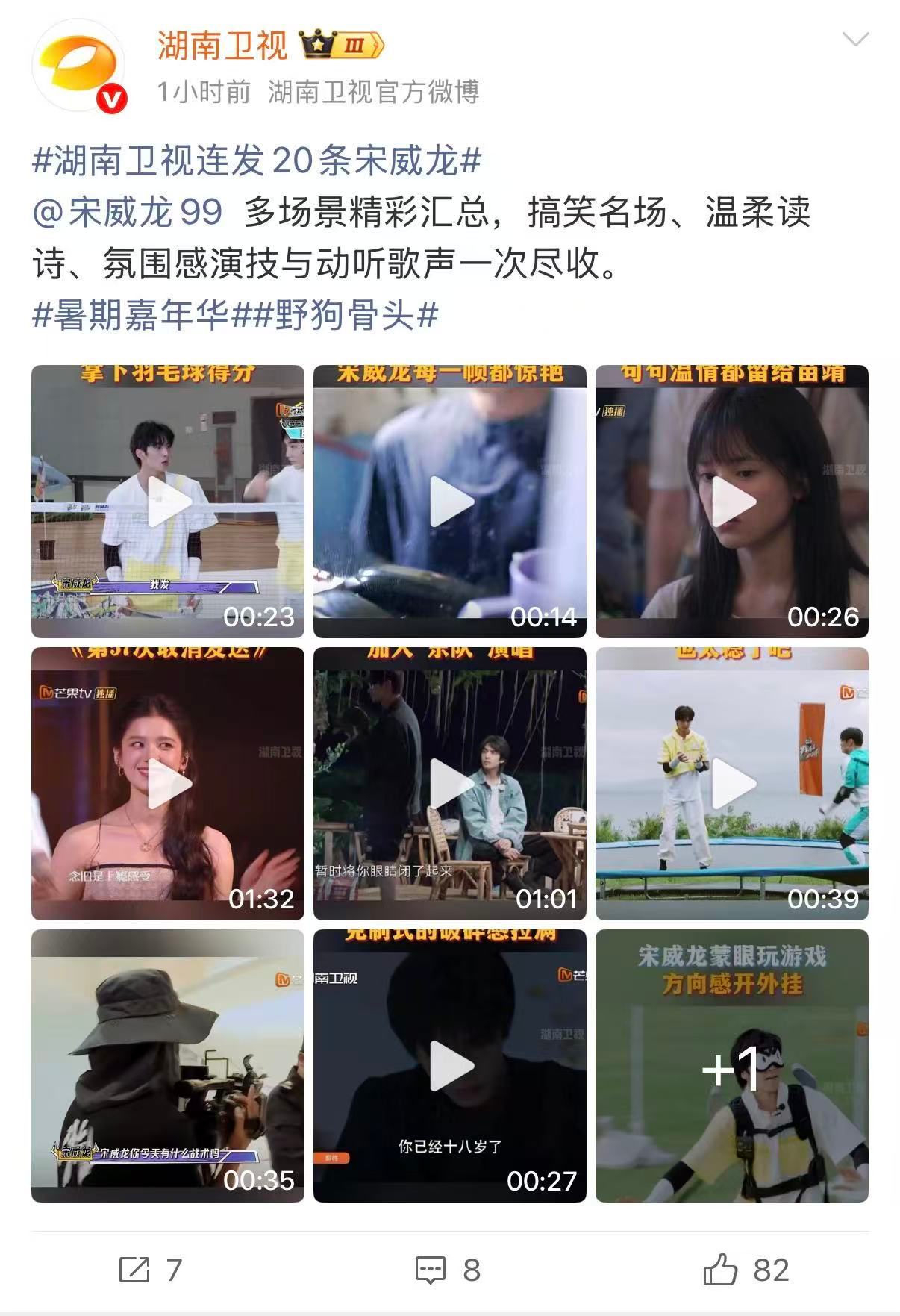 湖南卫视连发20条宋威龙暑期嘉年华舞台上耀眼的宋威龙，唱跳从容大方，少年气场稳稳