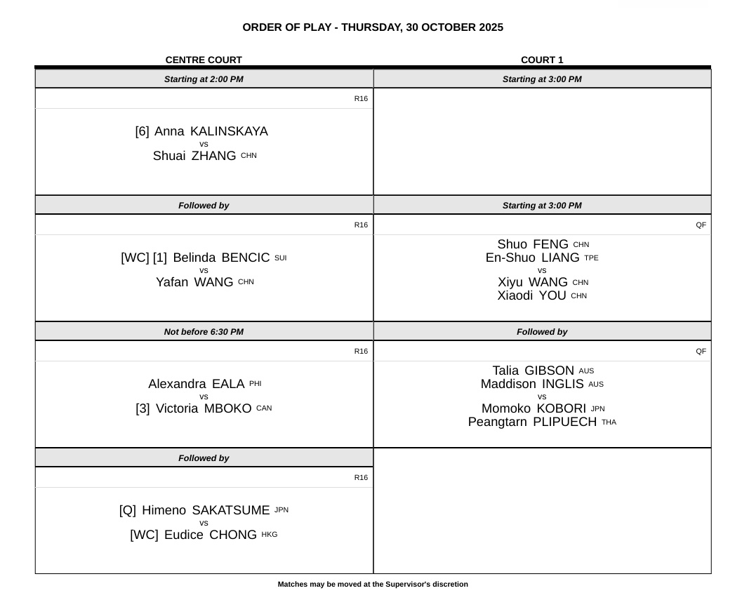 今日赛程📅三站WTA250赛事继续第二轮较量，以下安排均为北京时间⏰🎾香港站