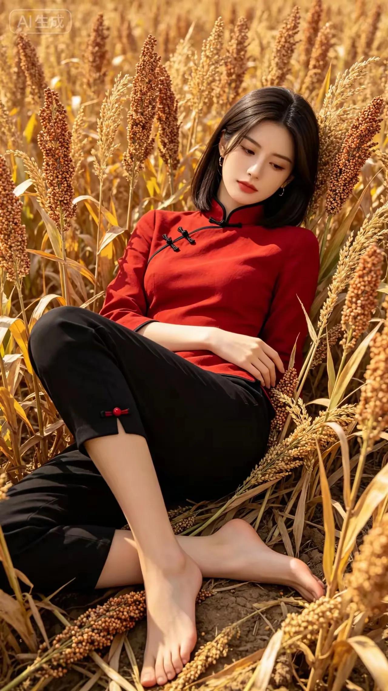 赤脚泥田插嫩秧，
顶着骄阳日日忙。
农家女子勤吃苦，
秋收时节粮满仓。
