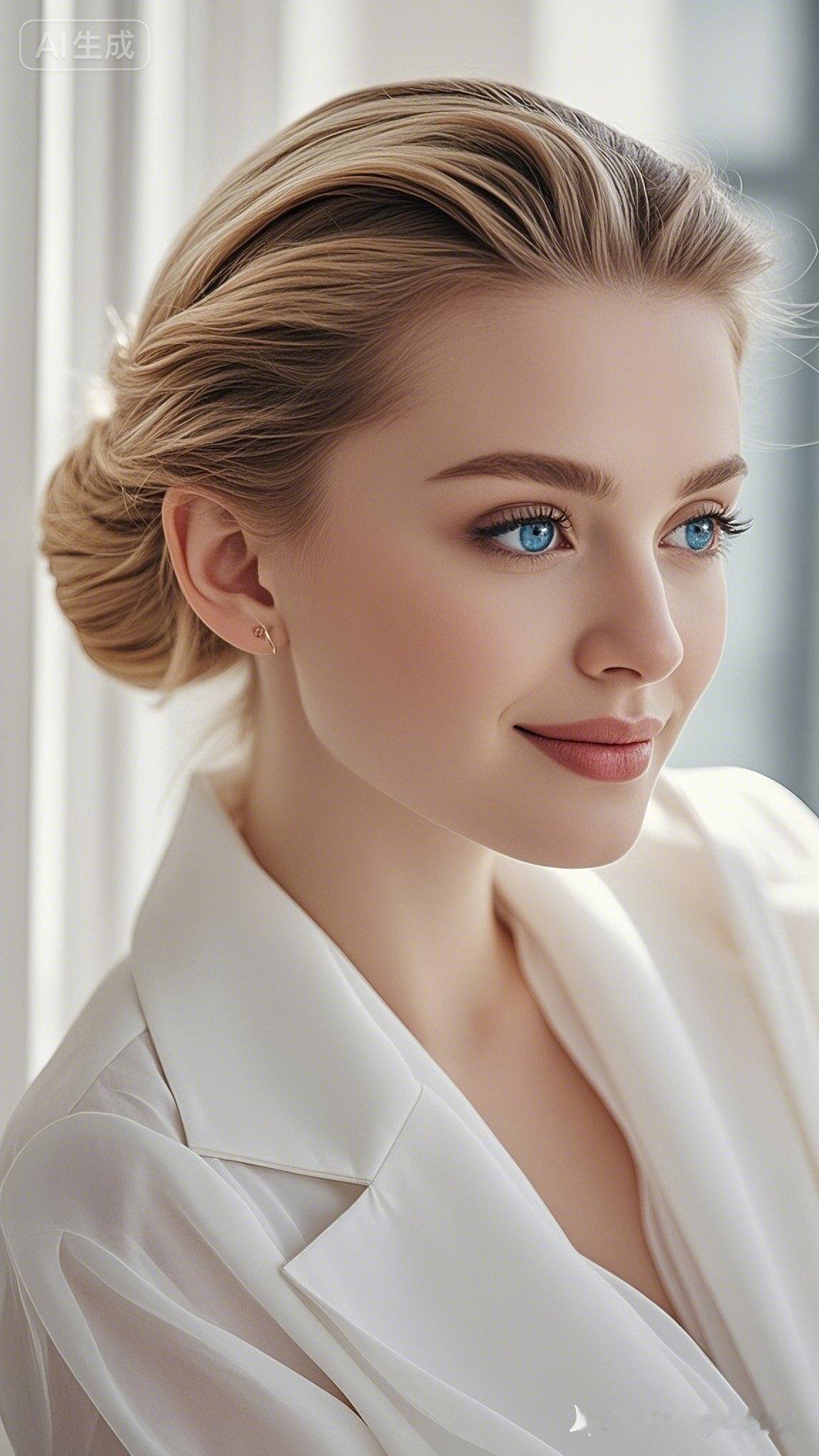 优雅白衬衫，蓝眸如宝石，微笑间尽显迷人魅力！