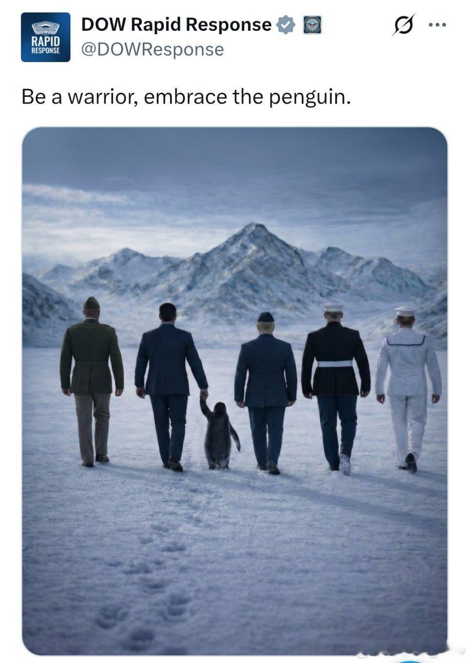 这是五角大楼官方账号发的图，配文：“做个勇士，拥抱企鹅” 