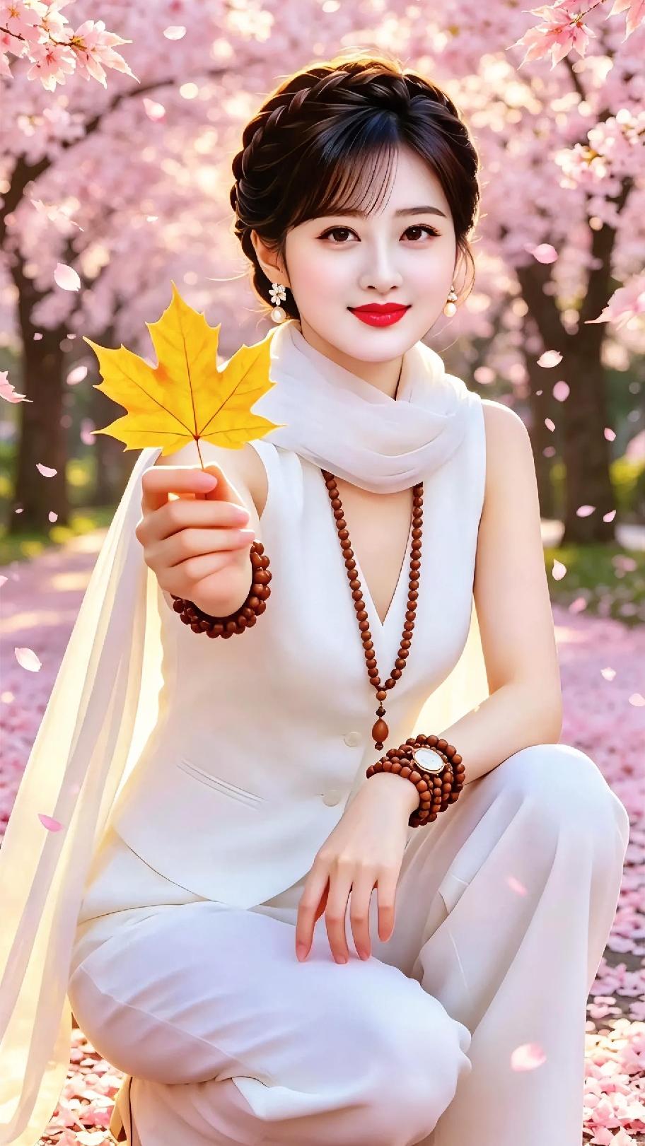 春风漫过樱林，粉瓣簌簌落在肩头，手中一叶金黄枫叶，是春日独有的温柔碰撞。一身素白