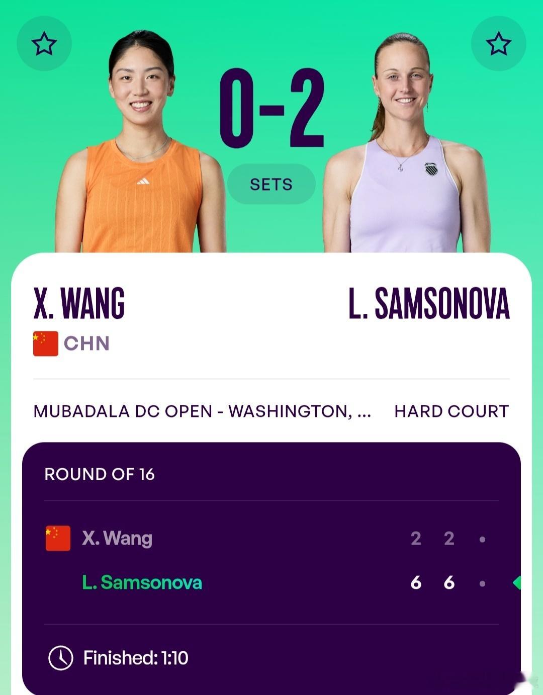 WTA500华盛顿站🇺🇸女单第2轮王欣瑜🇨🇳2-6/2-6不敌萨姆索诺娃
