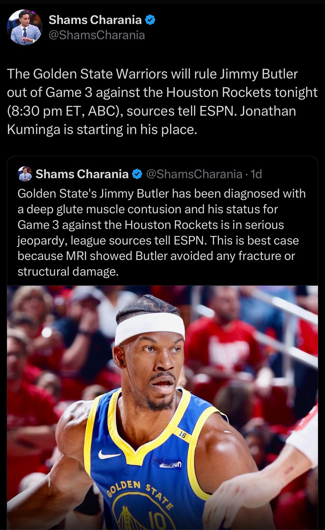 Shams：巴特勒今天不打，库明加将代替巴特勒首发 ​​​