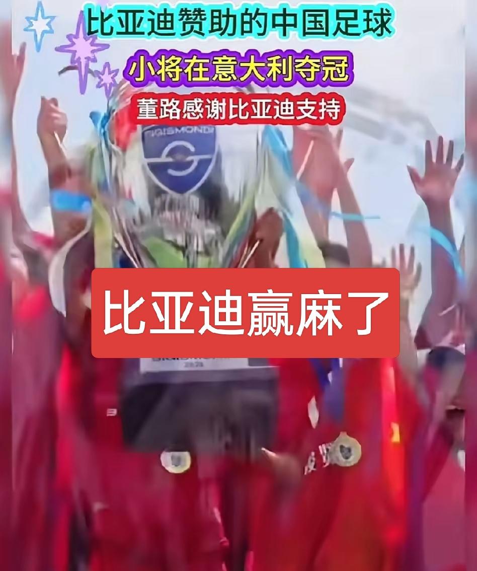 比亚迪赢麻了！比亚迪赞助的中国足球小将勇夺国际含金量很高的冠军，投资小，回报大，