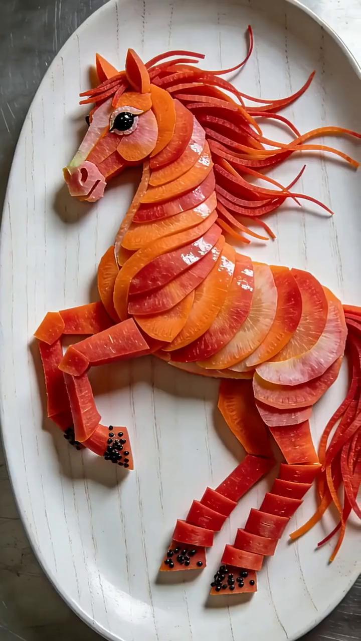 马年越来越近了，网友用果蔬创意雕刻摆盘，祝愿大家马到成功、吉祥如意！屏幕前的你学