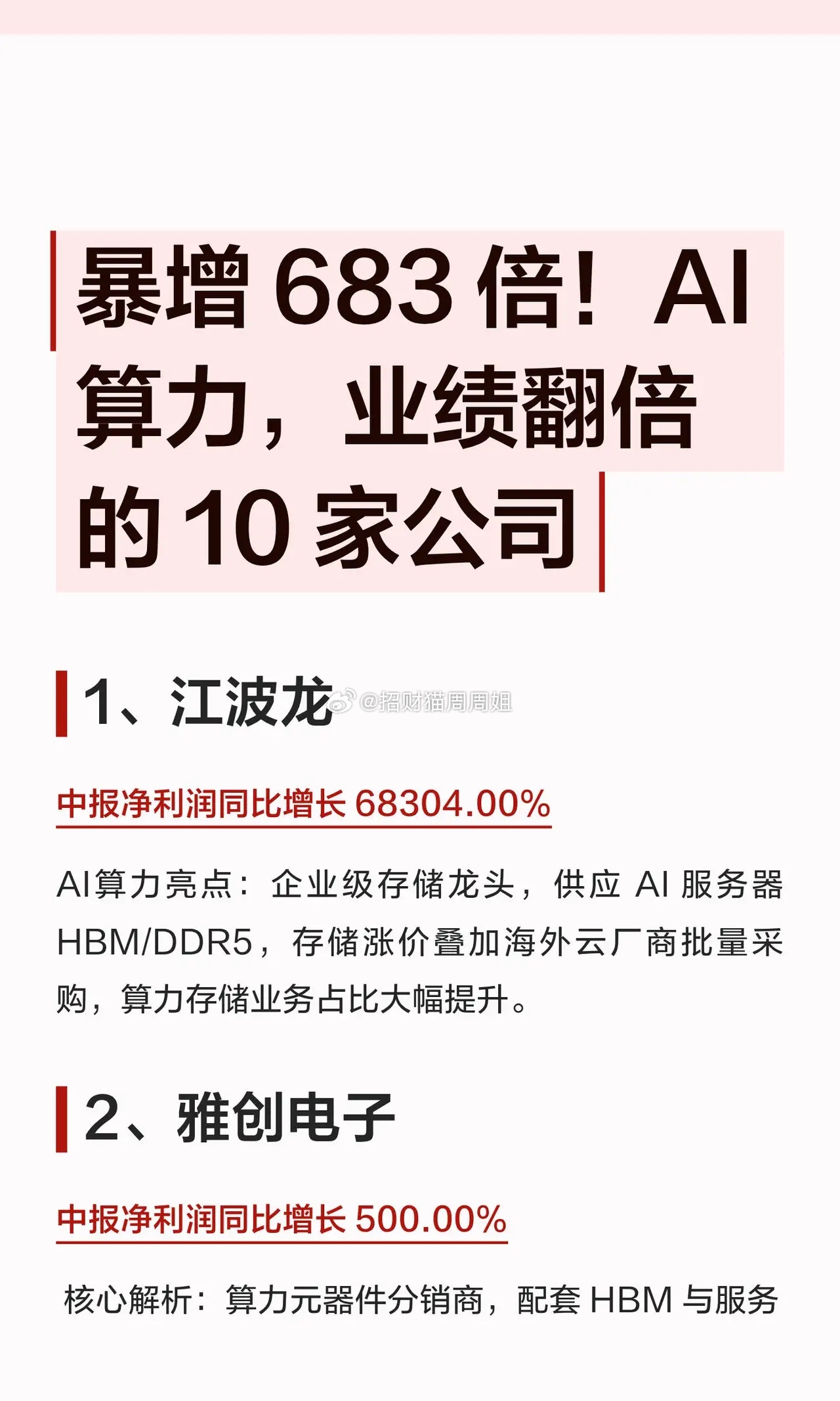 AI 算力，业绩翻倍的 10 家公司！1、江波龙中报净利润同比增长 68304.