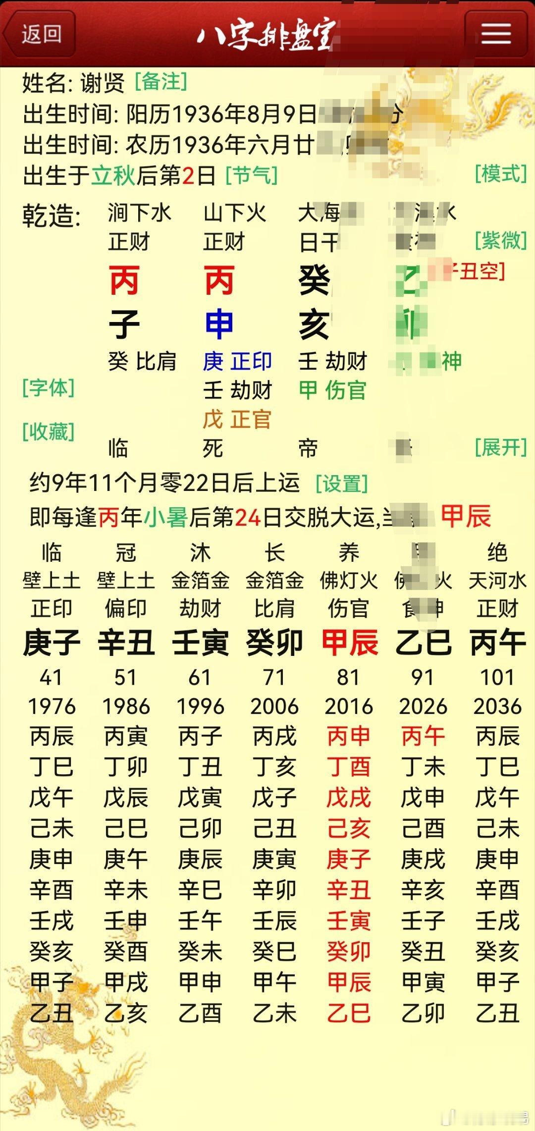 谢贤去世到辰运尾了，流年冲太岁，还是没冲过去。不过已经90岁了，也算非常高寿了。