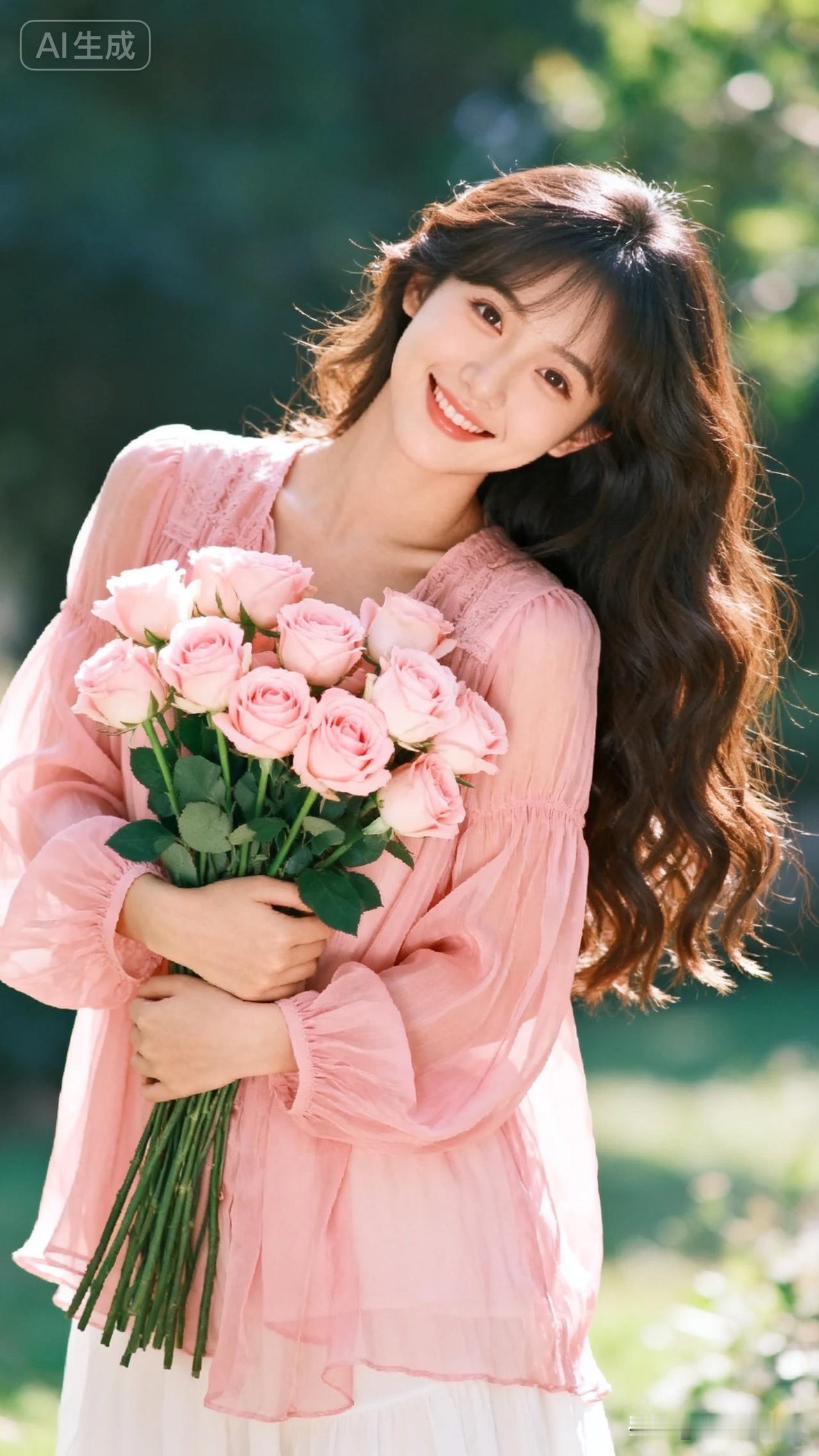粉衣少女捧花笑，春风满面意无边。