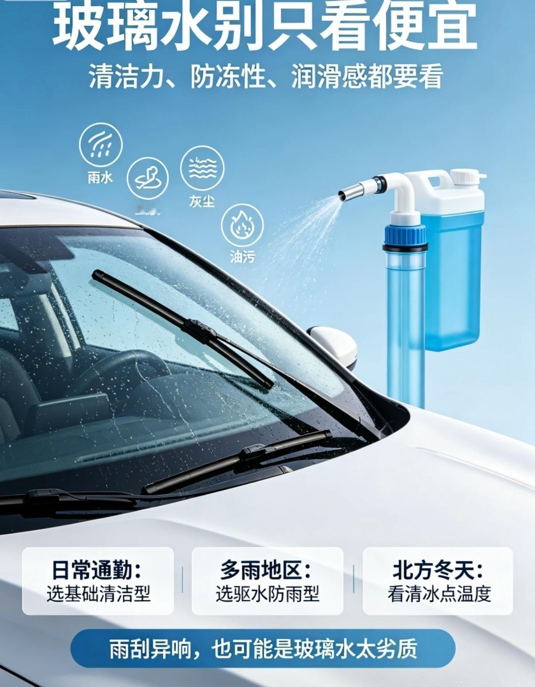 玻璃水别只挑便宜的。日常通勤看清洁力，多雨地区看驱水性，冬天一定看清冰点。劣质玻