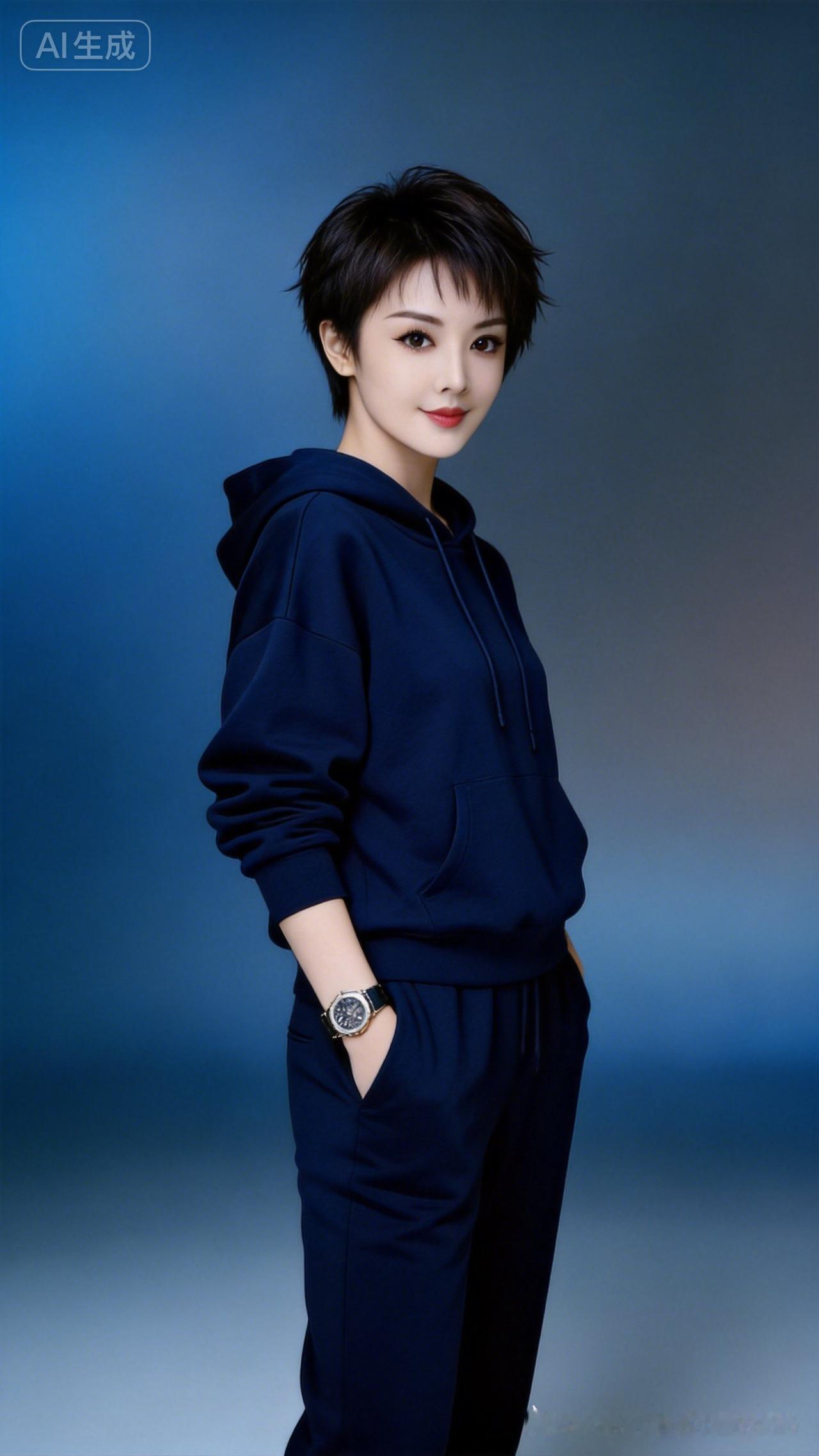 身姿舒展大方，气场自信时髦的靓丽美人，利落层次短寸精致亮眼，一身深蓝色高档卫衣套